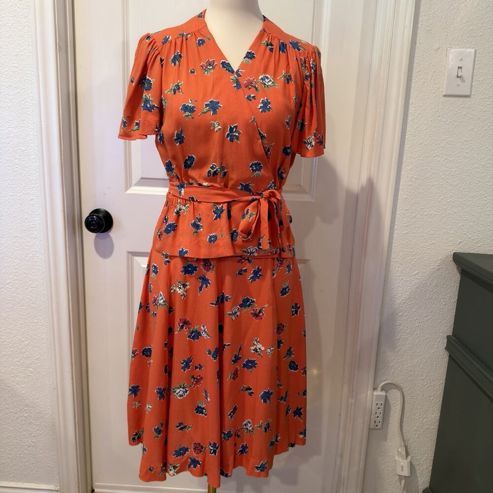 Orange Floral Vintage Top/Skirt Set Size Small 40’s or 70’s Cottagecore - Picture 1 of 16